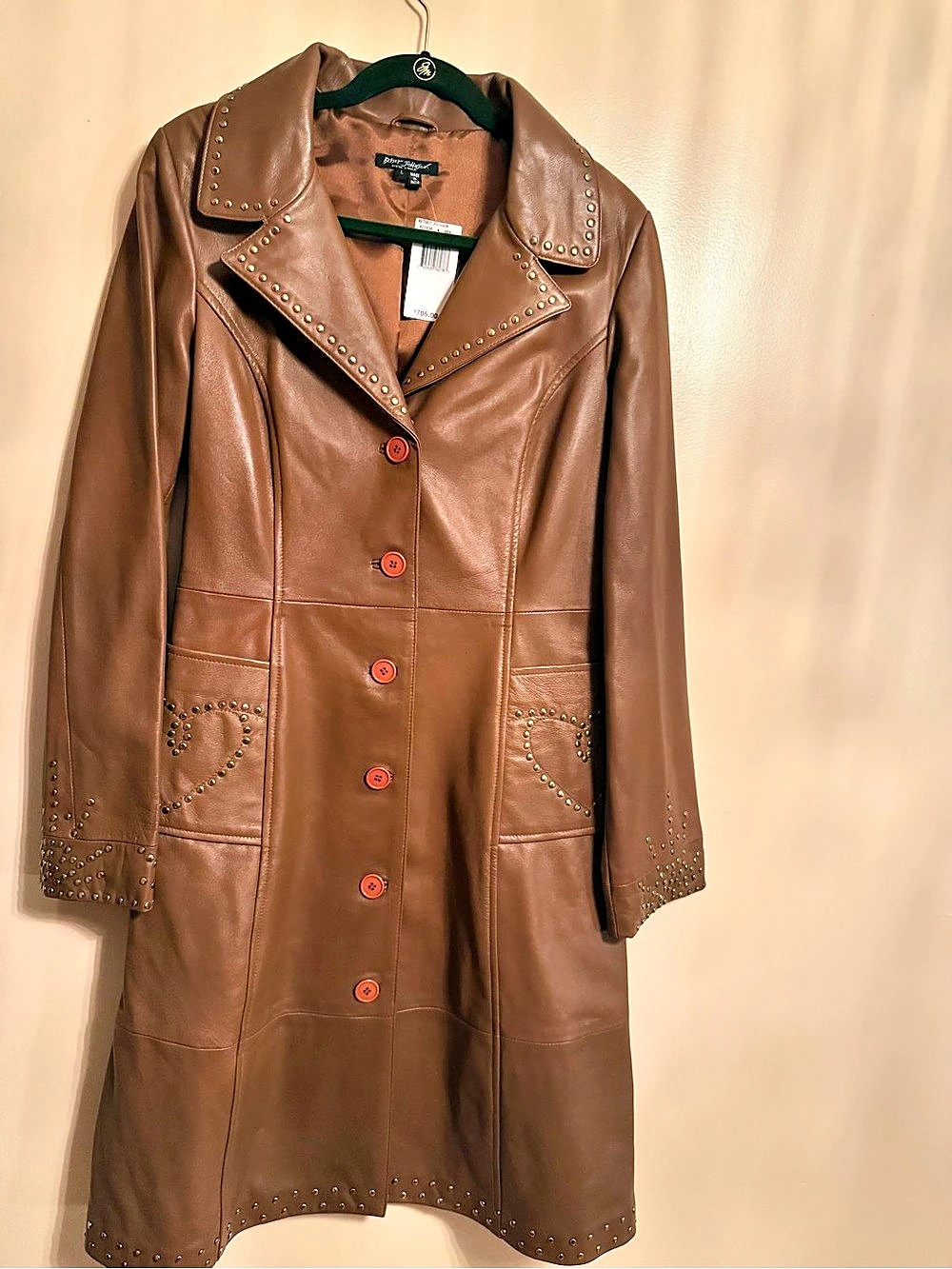Betsey Johnson Studded Leather Coat in Brown Size Large NWT